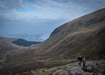 Climbing Slieve Donard, Alan and Tina climbing the Saddle on Slieve Donard