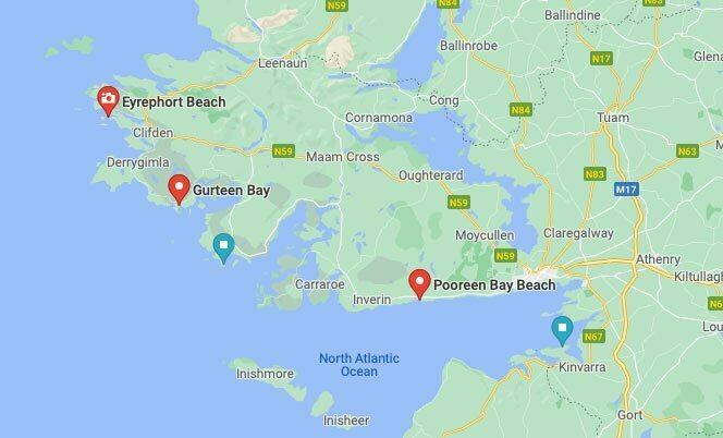 Map of my 5 favourite beaches in Co Galway Ireland, Tra Salin, Gurteen Bay, Mweenish Beach, Eyrephort & Traught