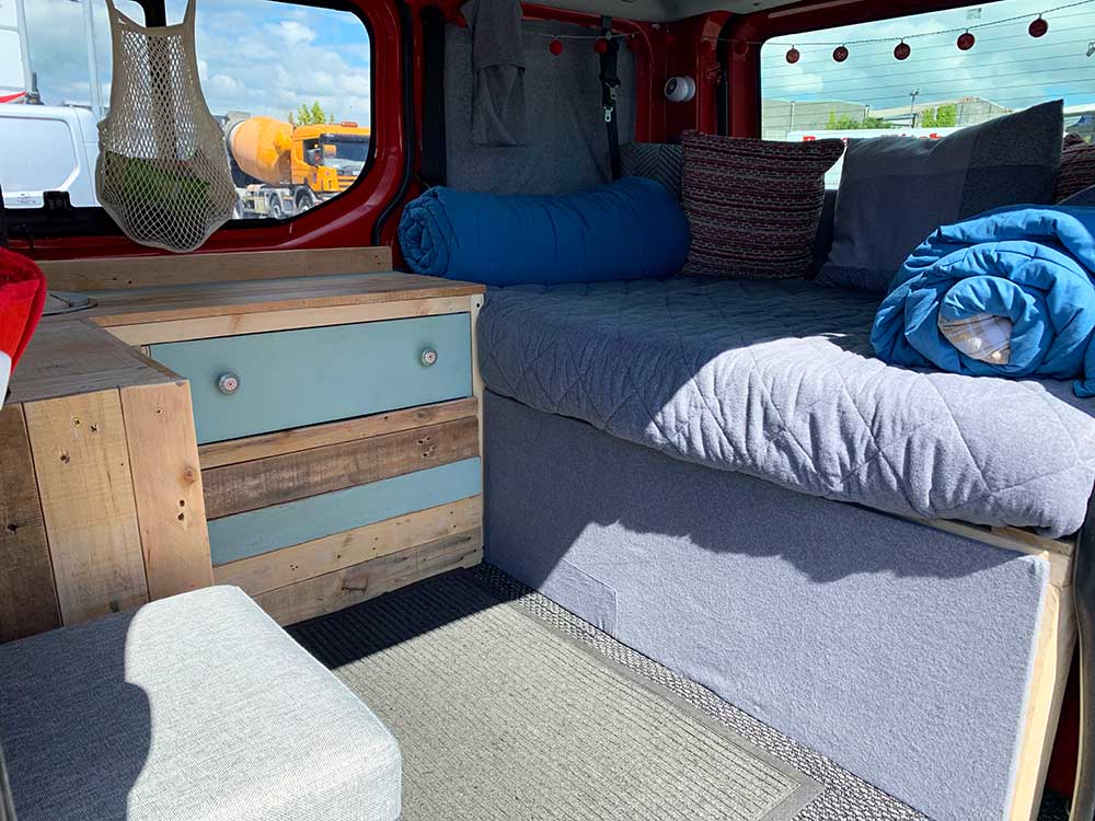 Campervan first build First temporary camper van build with fixed bed at the back